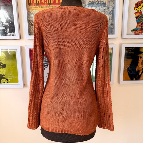 Crochet Burnt Orange Bell-Sleeve Knit Top - Picture 2 of 8